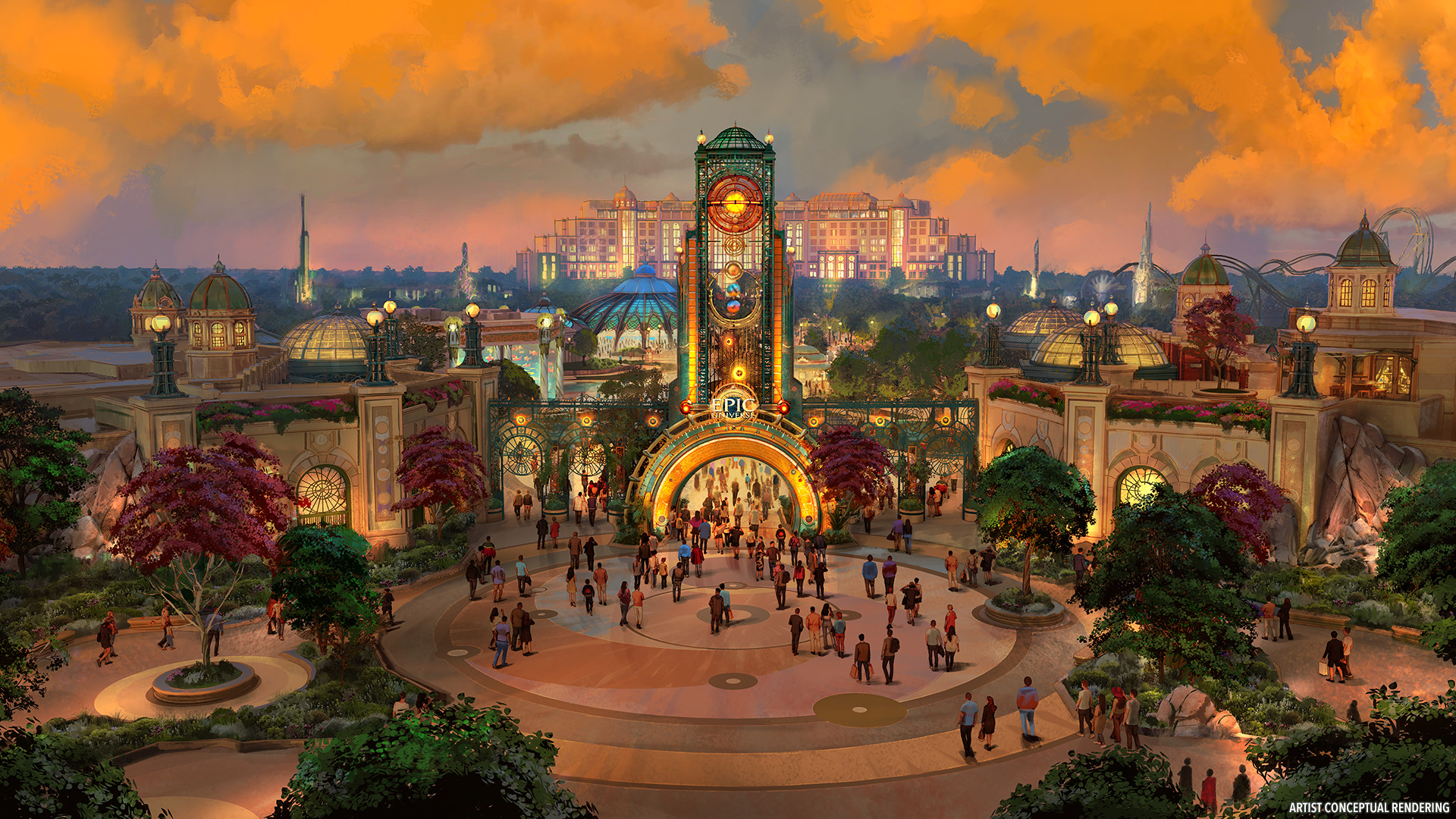 Epic Universe entrance concept art at sunset